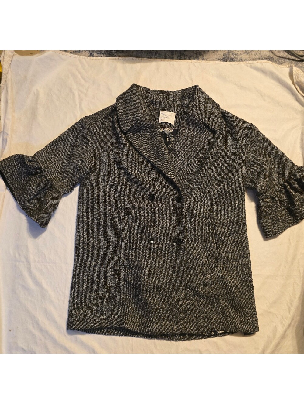 Anthropologie Black and White Tweed Double-Breasted Jacket with Floral Lining XL